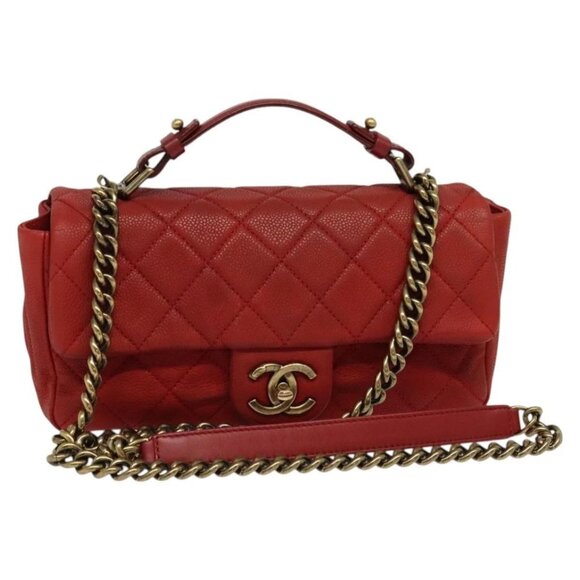 CHANEL Matelasse Chain Shoulder Bag Grained Calf Skin Red CC Auth 127170 - Picture 1 of 16